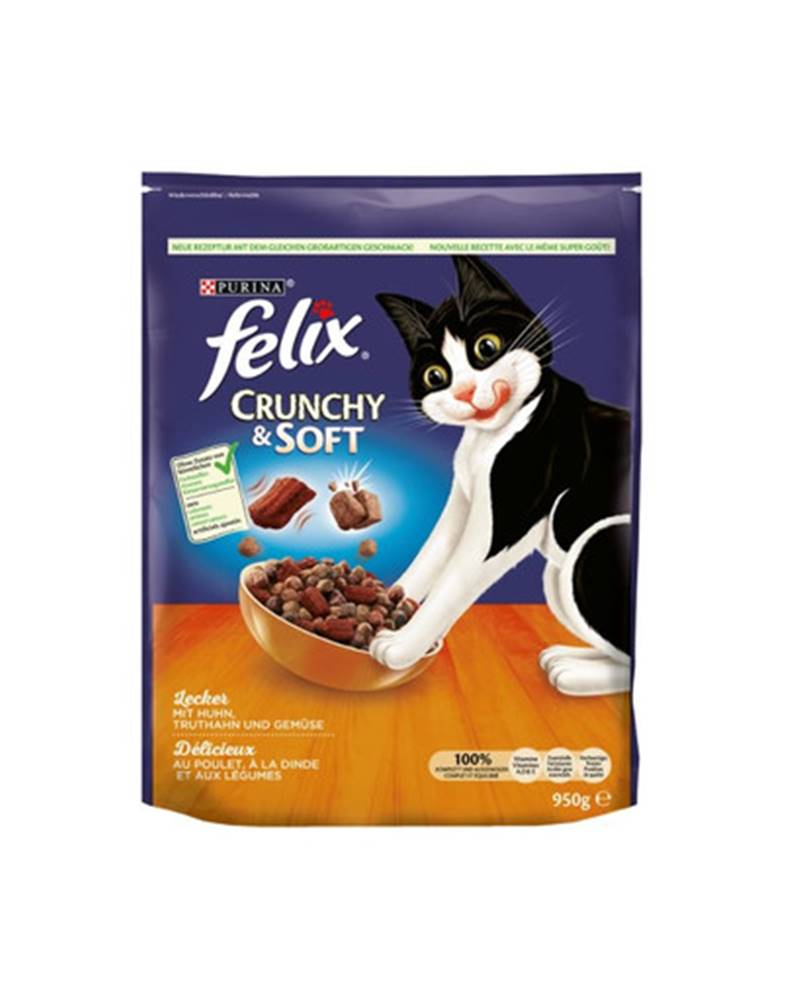 fera FELIX Crunchy & soft Granule pre mačky s kuracím, morčacím mäsom a zeleninou 4x950 g