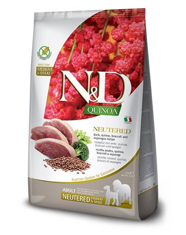 fera N&D Quinoa Dog Neutred Adult Medium & Maxi Granule pre psy po kastrácii kačica, brokolica a špargľa 2,5 kg